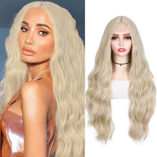 HANNE long Blonde Wig Middle Part Ash Blond Long Wavy Wigs Heat Resistant Platinum Blonde Wig for White Women (Blond Wavy Wig)