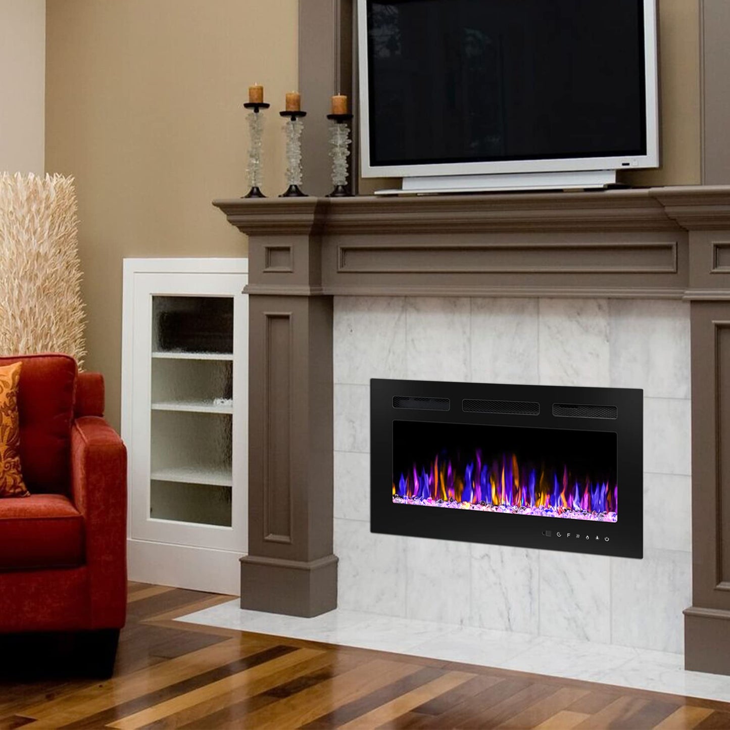 BETELNUT 30" Electric Fireplace Wall Mounted and Recessed with Remote Control, 750/1500W Ultra-Thin Wall Fireplace Heater W/Timer Adjustable Flame Color and Brightness, Log Set & Crystal Options