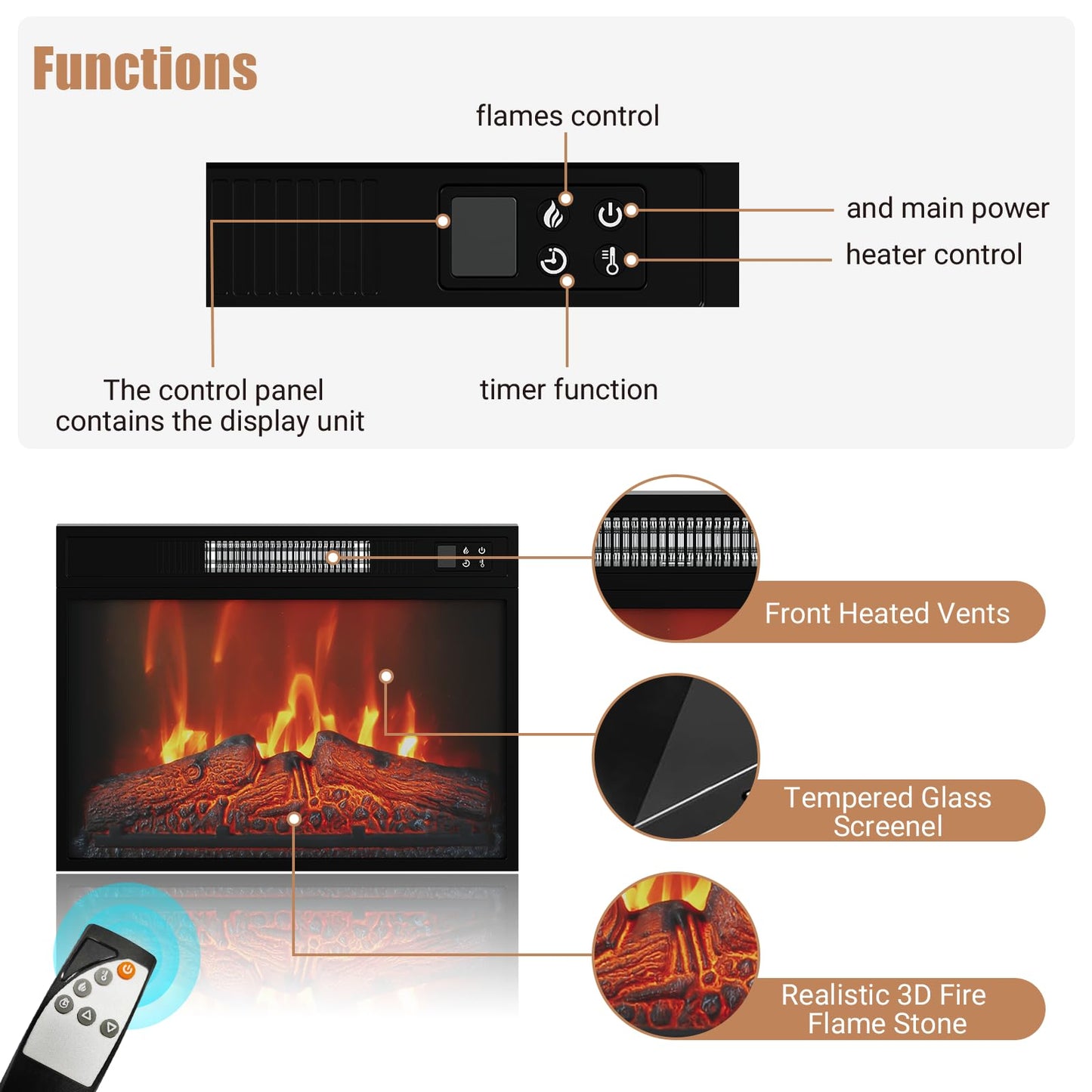 MilleLoom 58" Fireplace TV Stand, Fireplace Entertainment Center for TVs up to 65'' Console with 23-Inch Electric Fireplace & Remote Control, Wooden TV Cabinet for Living Room