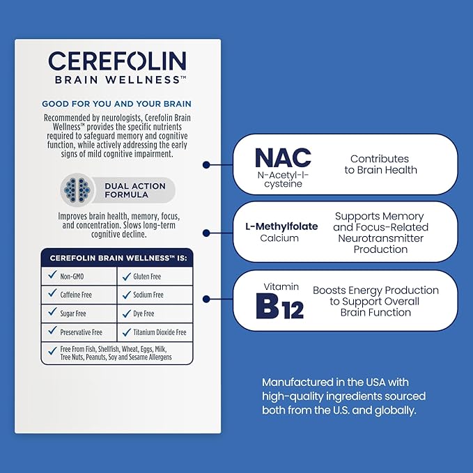 Brain Wellness, Targeted Nutrition for Cognitive Support, Improves Memory, Focus & Concentration, L-Methylfolate, NAC, B12, Neurologist Recommended (30 Count)