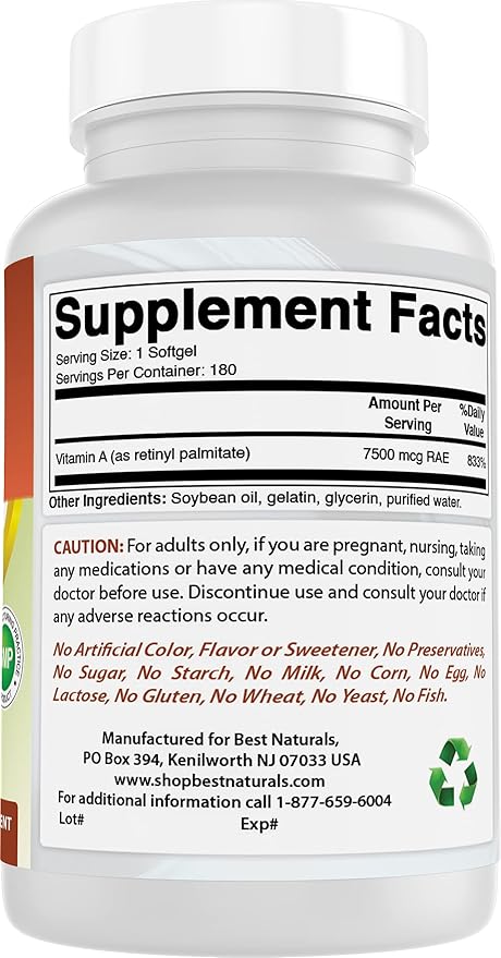 Best Naturals Vitamin A 25000 IU (7500 mcg), Non-GMO Formula Supports Healthy Vision & Immune System and Healthy Growth & Reproduction, 180 Softgels (180 Count (Pack of 3))