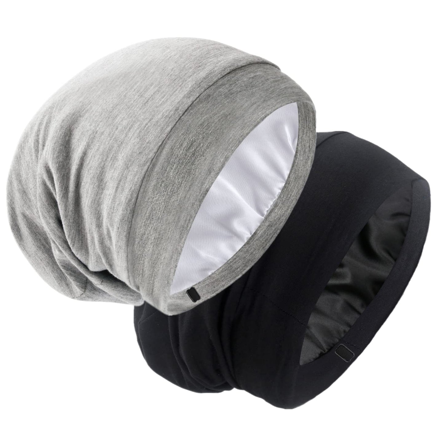 SilkySatin Lined Bonnet Sleep Cap - Adjustable Stay on All Night Hair Wrap Cover Slouchy Beanie for Curly Hair Protection for Women and Men - Black & Light Grey