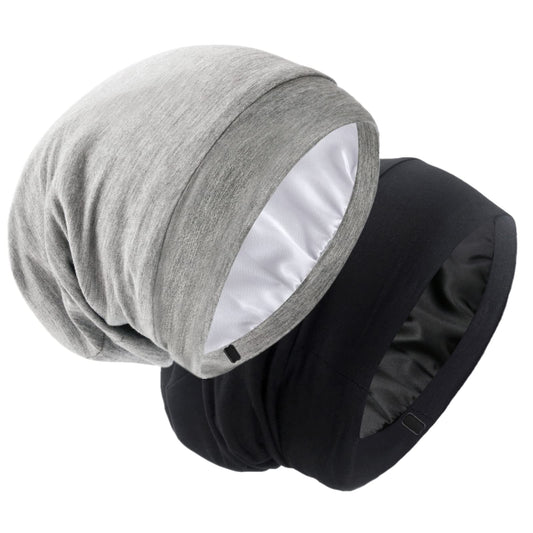 SilkySatin Lined Bonnet Sleep Cap - Adjustable Stay on All Night Hair Wrap Cover Slouchy Beanie for Curly Hair Protection for Women and Men - Black & Light Grey