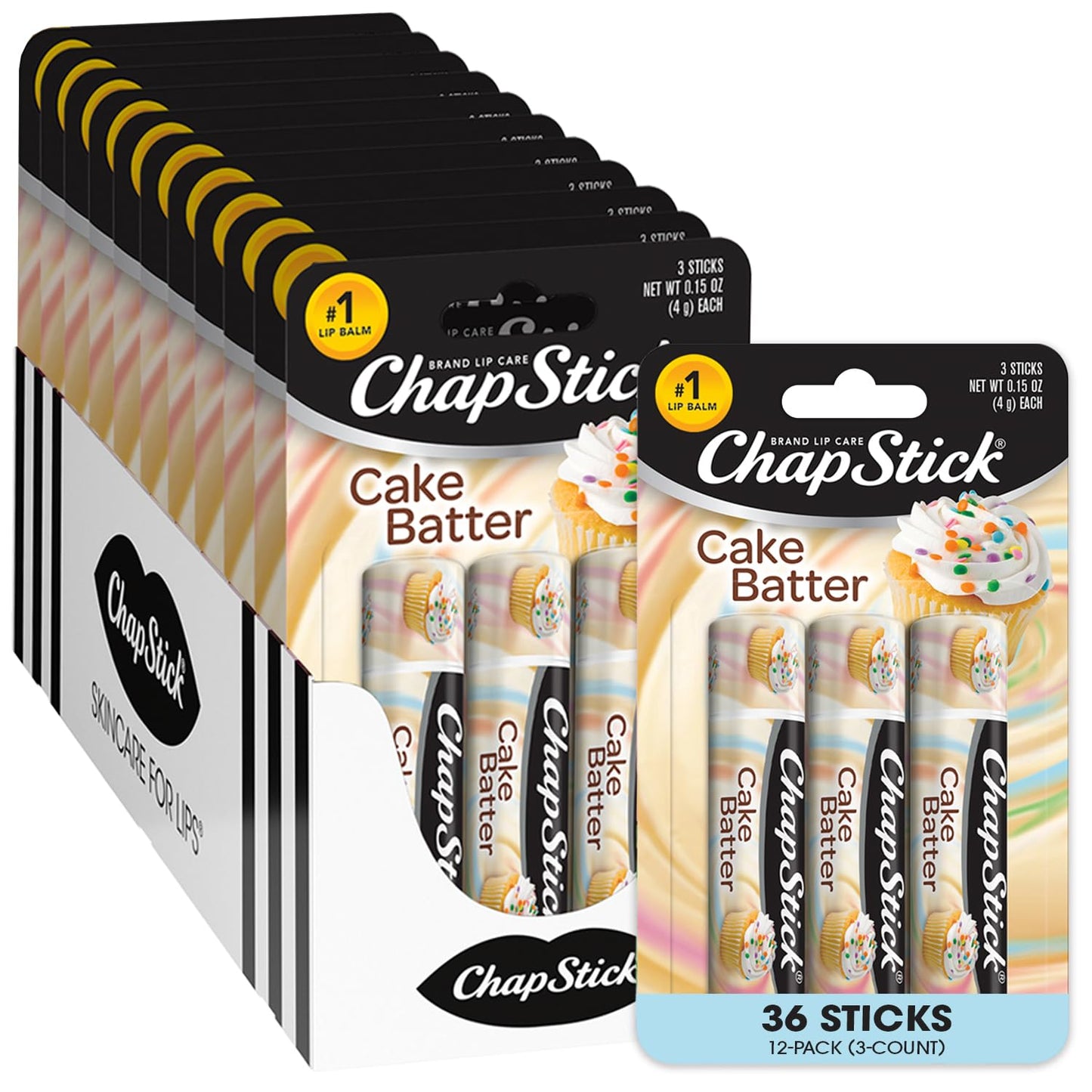 ChapStick Lip Moisturizer, Cake Batter 3-Packs (12 Sets/36 Tubes) – Bulk Lip Balm, Irresistible & Sweet, 0.15 Oz Ea