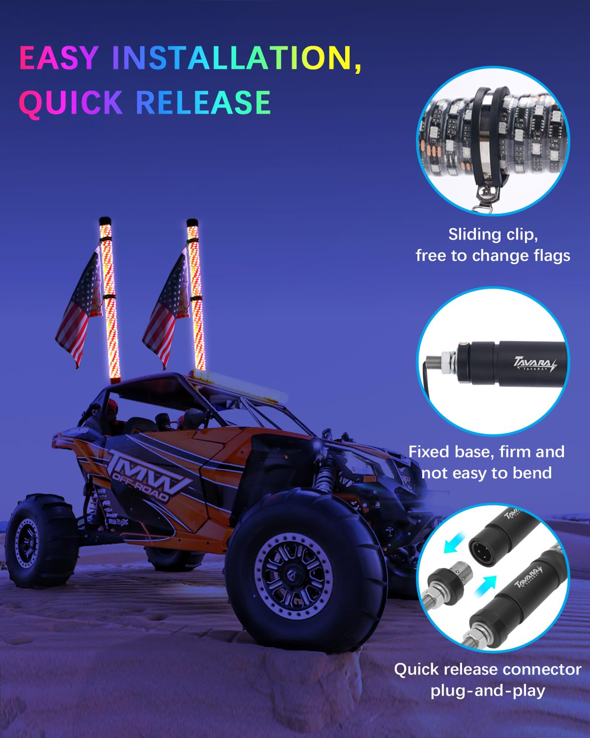 Tavaray 2PCS 3FT Fat Whip Lights – Spiral RGB Chasing Lighted Antenna Whips with Flag, Whip Lights for Side by Side UTV ATV RZR Can-Am X3, with App/Remote Control, Turn Signal & Rocker Switch