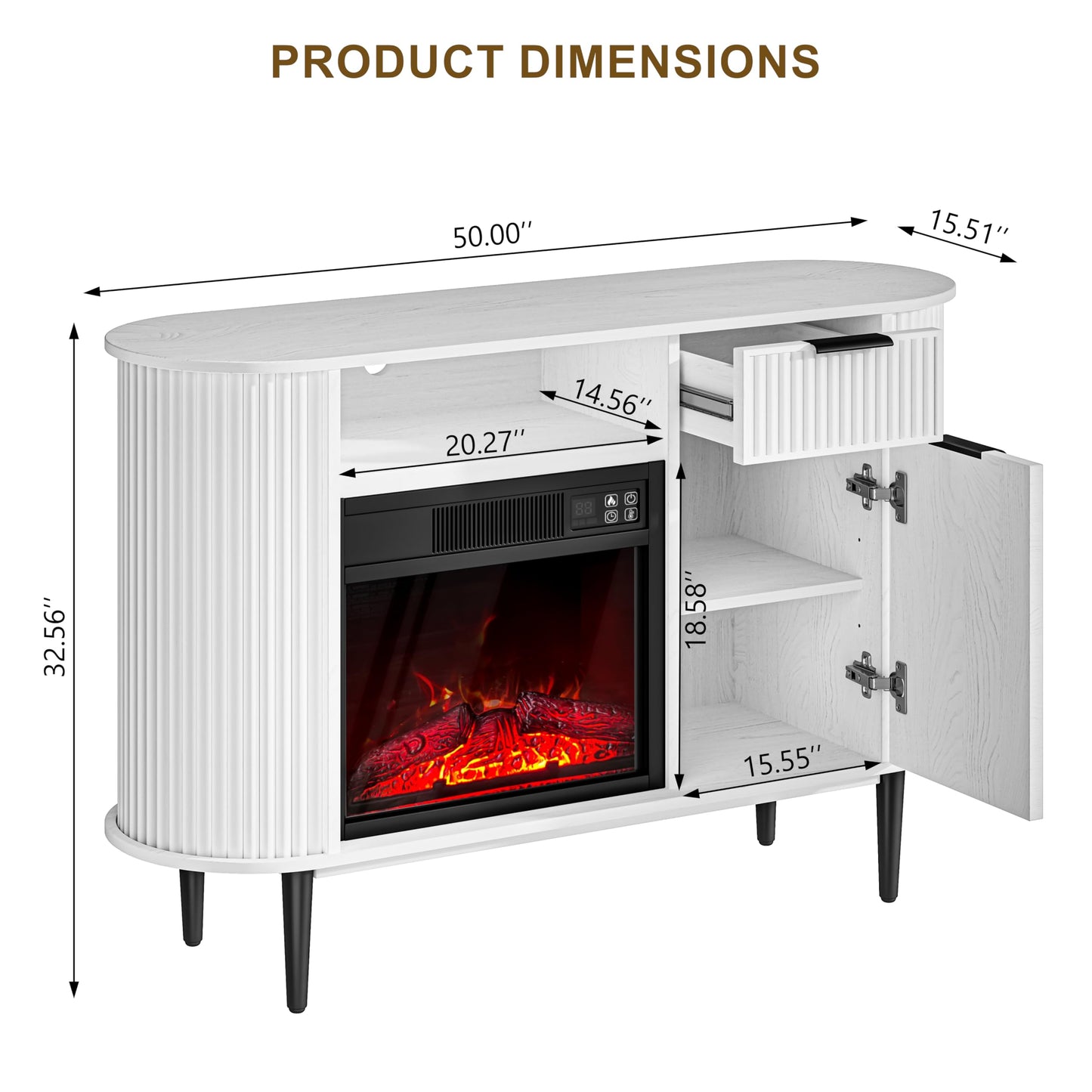 OLD CAPTAIN Electric Fireplace, 50" Electric Fireplace TV Stand, Fireplace Console with Curved Profile Design, Modern Entertainment Center with Storage, Media Console with Fireplace, White