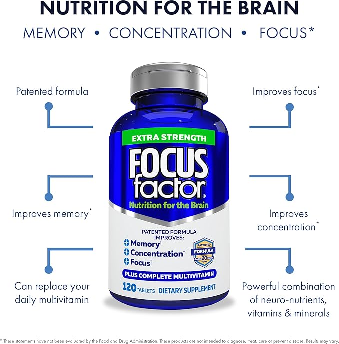 Focus Factor Adults Extra Strength, 120 Count - Brain Supplement for Memory, Concentration and Focus - Complete Multivitamin with DMAE, Vitamin D, DHA - Trusted Health Vitamins