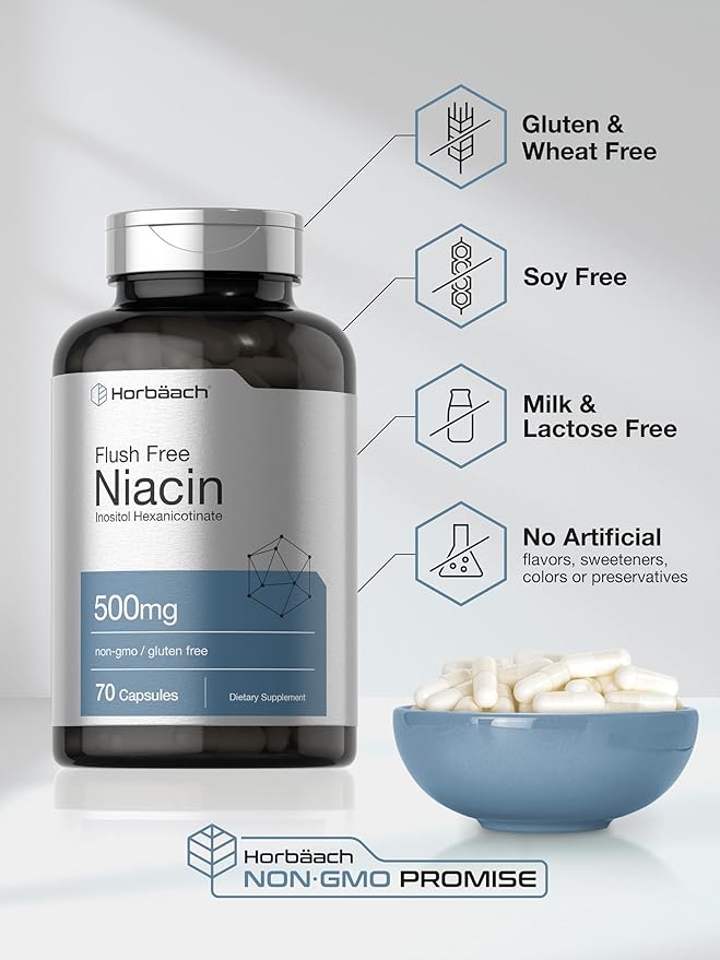 Horbaach Niacin 500mg | 70 Capsules | Flush Free Supplement | as Inositol Hexanicotinate | Non-GMO and Gluten Free