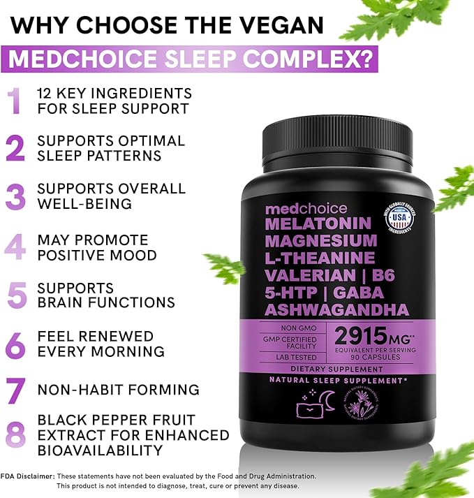 12-in-1 Melatonin Sleep Capsules - Natural Sleep Aids for Adults with Melatonin 5mg and Magnesium Glycinate 500mg, Sleep Aid with Ashwagandha, L Theanine, Valerian Root, GABA, 5-HTP (90ct, Pack of 4)