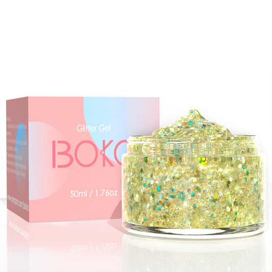 Boko 50ML Body Glitter Gel, Gold Mardi Gras Mermaid Chunky Glitter Gel for Face Hair Body Sparkle Makeup, Cosmetic Face Glitter Sequins for Mardi Gras Concert Party Event Rave Accessories