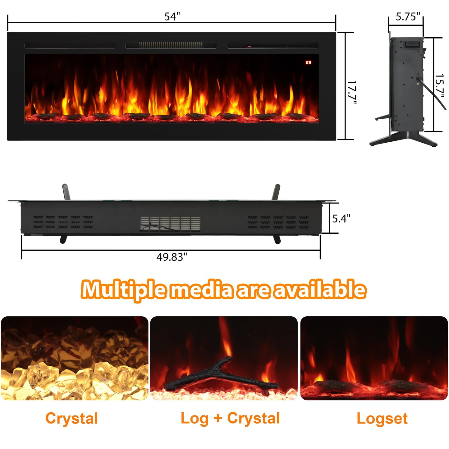 Oxhark Flame 54 Inches Electric Fireplace, Freestanding & Wall Mounted & Recessed, Electric Fireplace Heater with Remote Control, 196 Flame Combinations, 6 Levels Brightness, Timer, Black, 1500W/750W