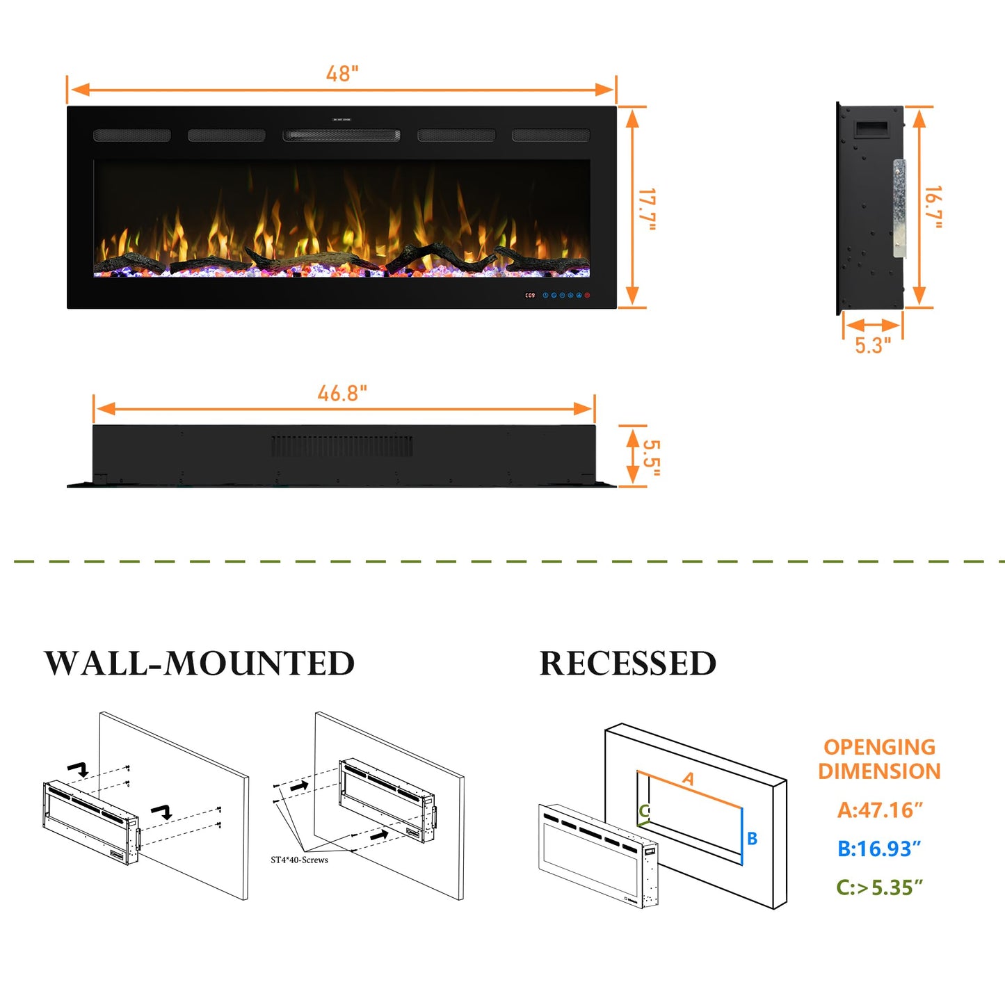 Velaychimney 48" Smart WiFi Electric Fireplace Insert, 13 Flame & Fuel Bed with Automatic Cycle, Fireplace Heater with APP Control & Thermostat, Timer, Recessed and Wall Mounted