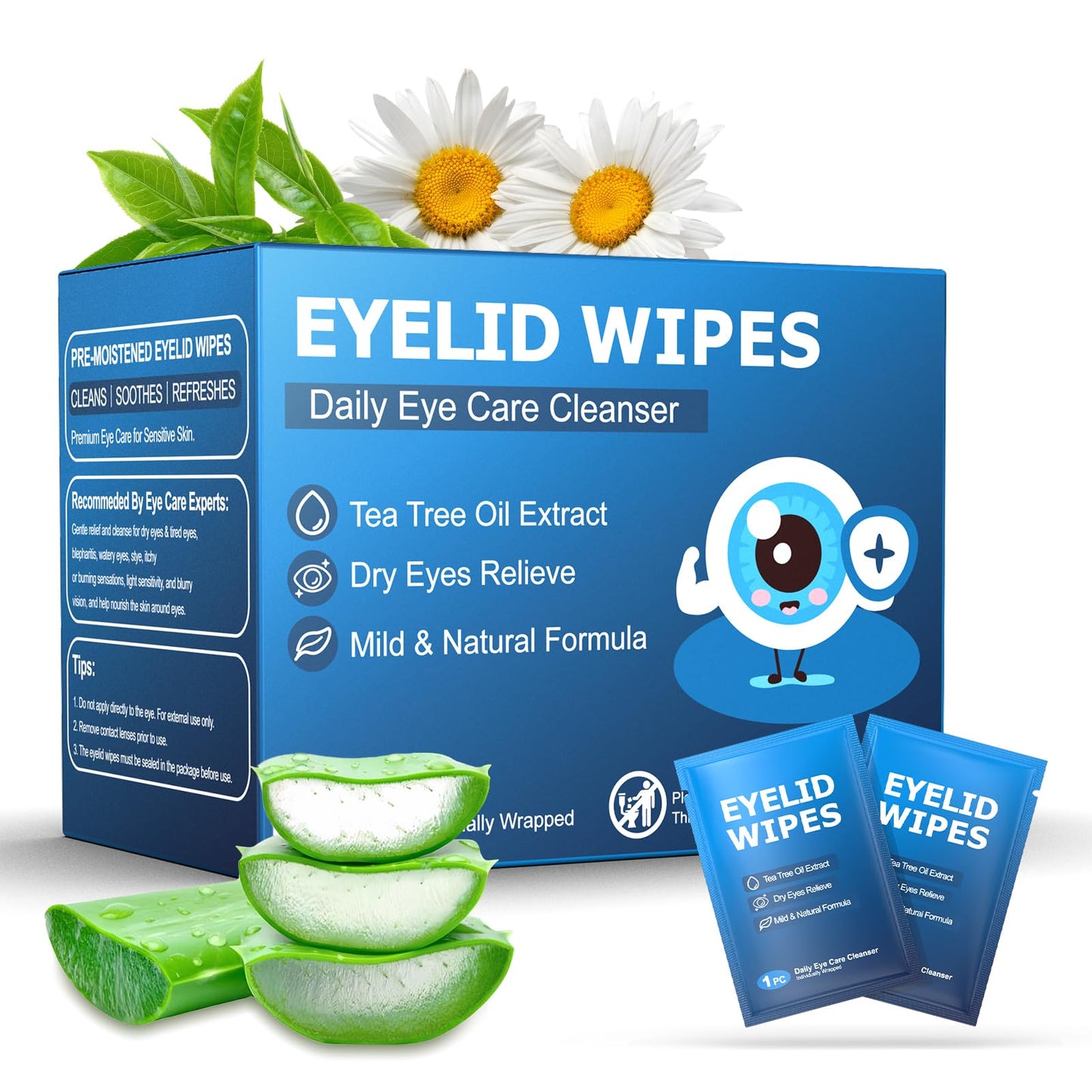 30PCS Eyelid & Lash Wipes for Itchy & Dry Eyes, Tea Tree Oil Eyelid Wipes for Styes & Blepharitis, Daily Eye Cleansing Wipes, Hypoallergenic & Soothing For Sensitive Eyes, Stay Hydrated Lid Wipes