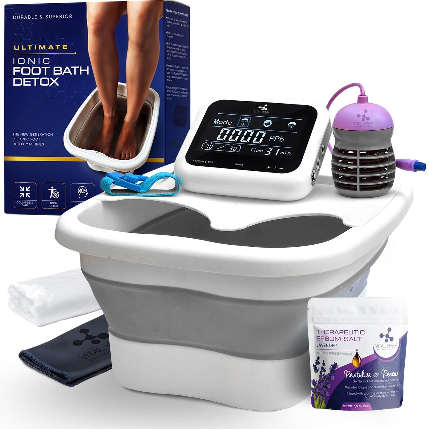 Vital Vibes Ultimate Ionic Foot Bath Detox Machine - Foot Detox Machine for Spa Bath with Touch Display - Epsom Salt & Towel - Collapsible Soaking tub -Powerful Array- Ion Wristband-Tub Liners