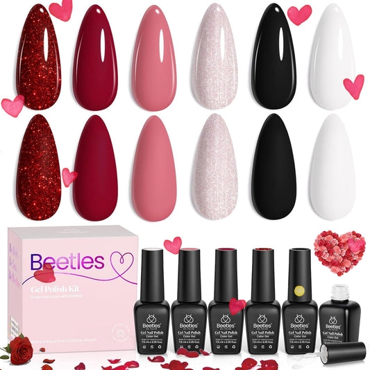Beetles Spring Gel Nail Polish, 6 Colors Nude Pink Red Glitter White Black Rose Golden Gel Polish Queen of Hearts Collection Soak Off Uv Lamp Cured DIY Home Manicure Gift for Women