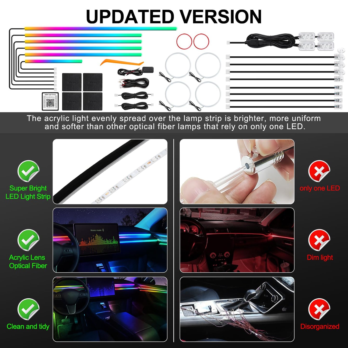 Dreamcolor Acrylic Interior Car LED Strip Light with Wireless APP, RGB 22 in 1 with 175 inches 612 LEDs Fiber Optic Strip Lights for Car, Dual Zone Music Sync Neon Ambient Lighting Kits