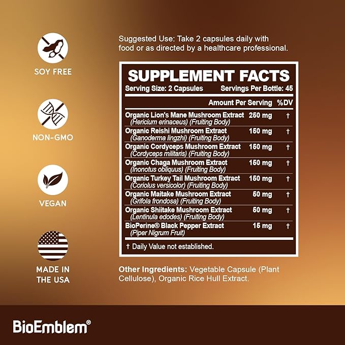 BioEmblem Mushroom Complex - 10:1 Strength and 7 Species - Lions Mane, Reishi, Cordyceps, Chaga, Maitake, Shiitake Mushroom Supplement - Immunity, Energy & Focus, Brain - Non-GMO, Vegan - 90 Caps