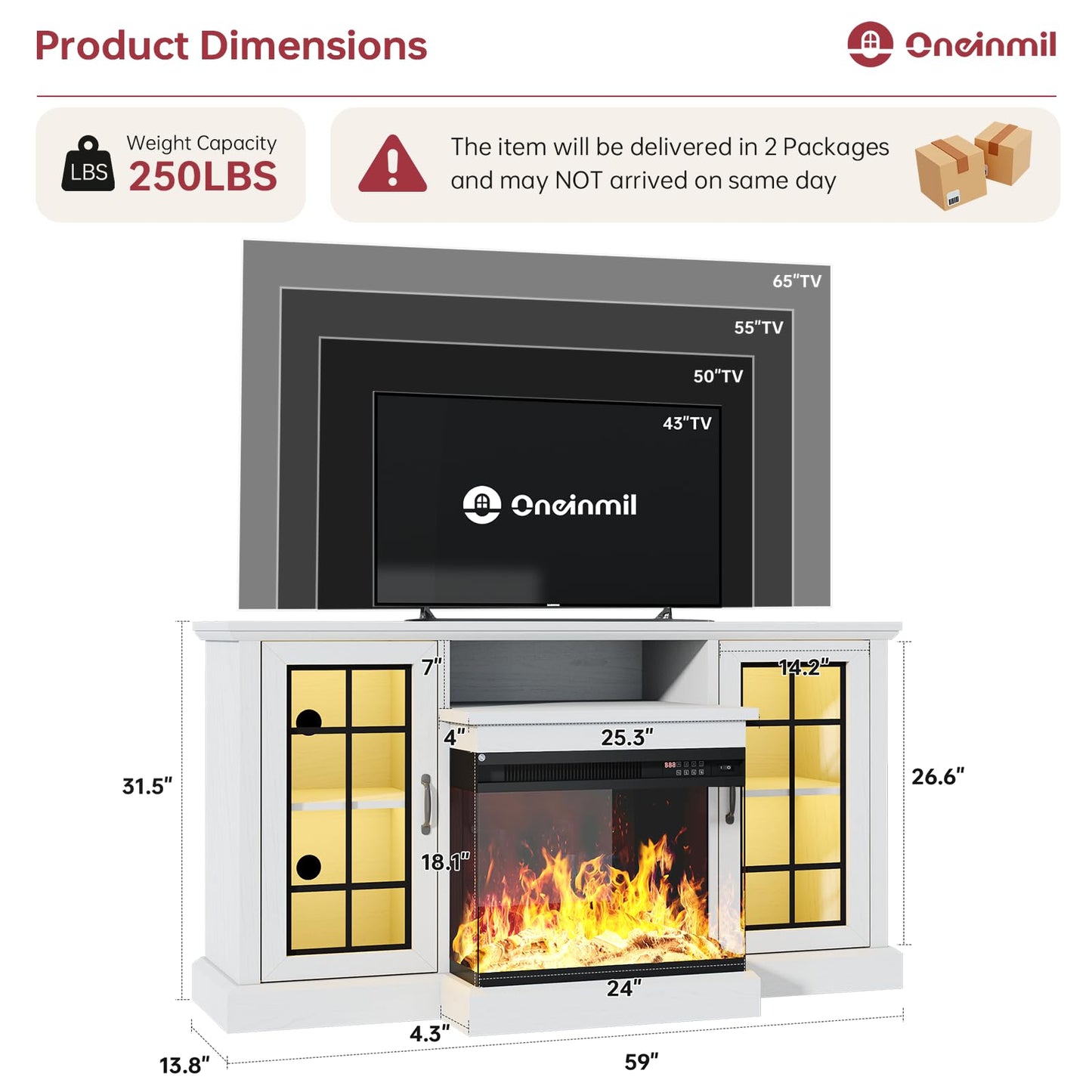 oneinmil 59'' Fireplace TV Stand, 3 Sided Glass Media Entertainment Center Console Table for TVs up to 65'' with Glass Door Adjustable Flame LED Color for Living Room, Set of TV Table, White