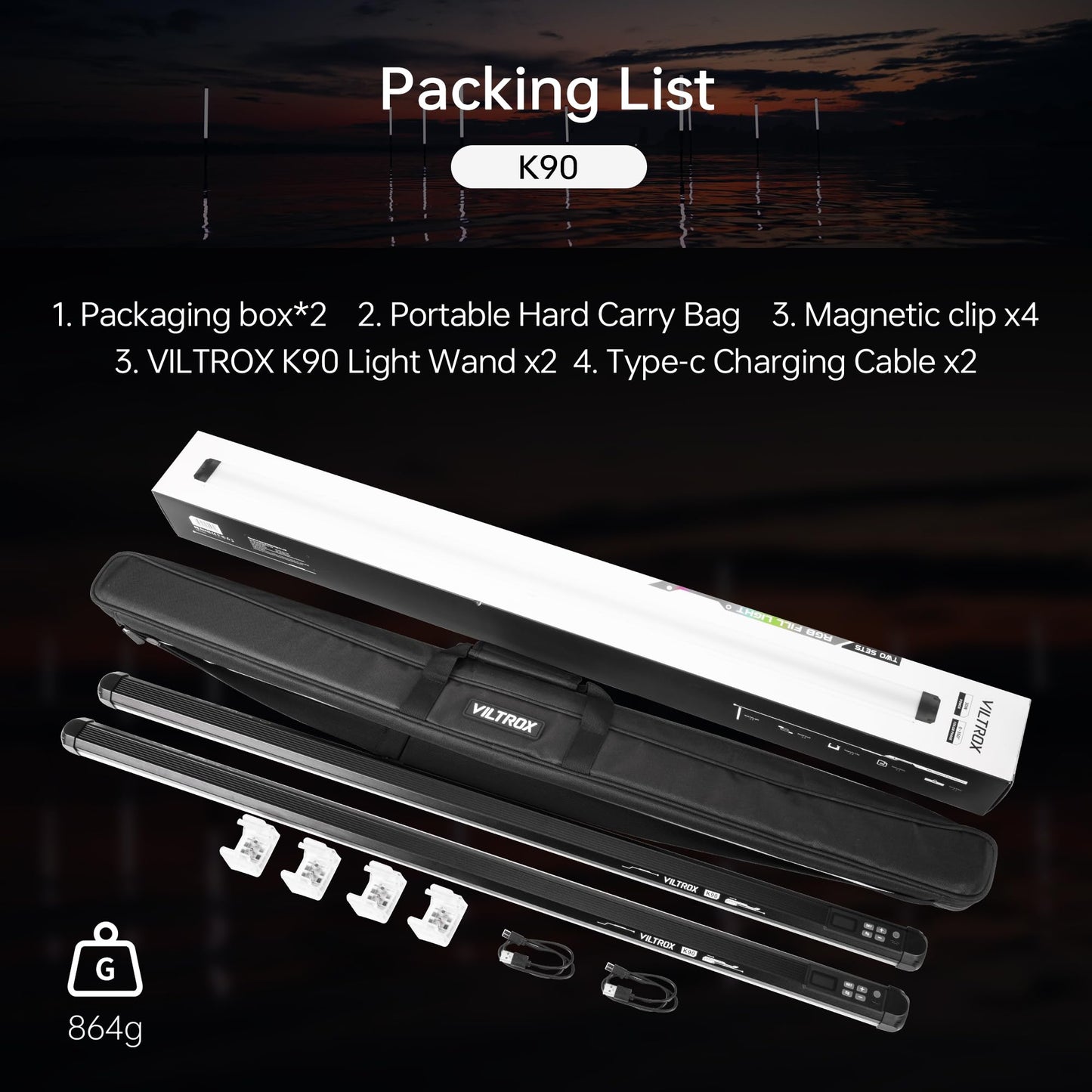 VILTROX K90 2 Pack RGB Tube Light, 30W 38inch Large RGBWY Photography LED Video Stick Light Wand with APP/2.4G/Remote Control, CRI 97+, 26 Scenes, 2500K-8500K, 14.8V/3300mAh Battery, Magnetic Chip