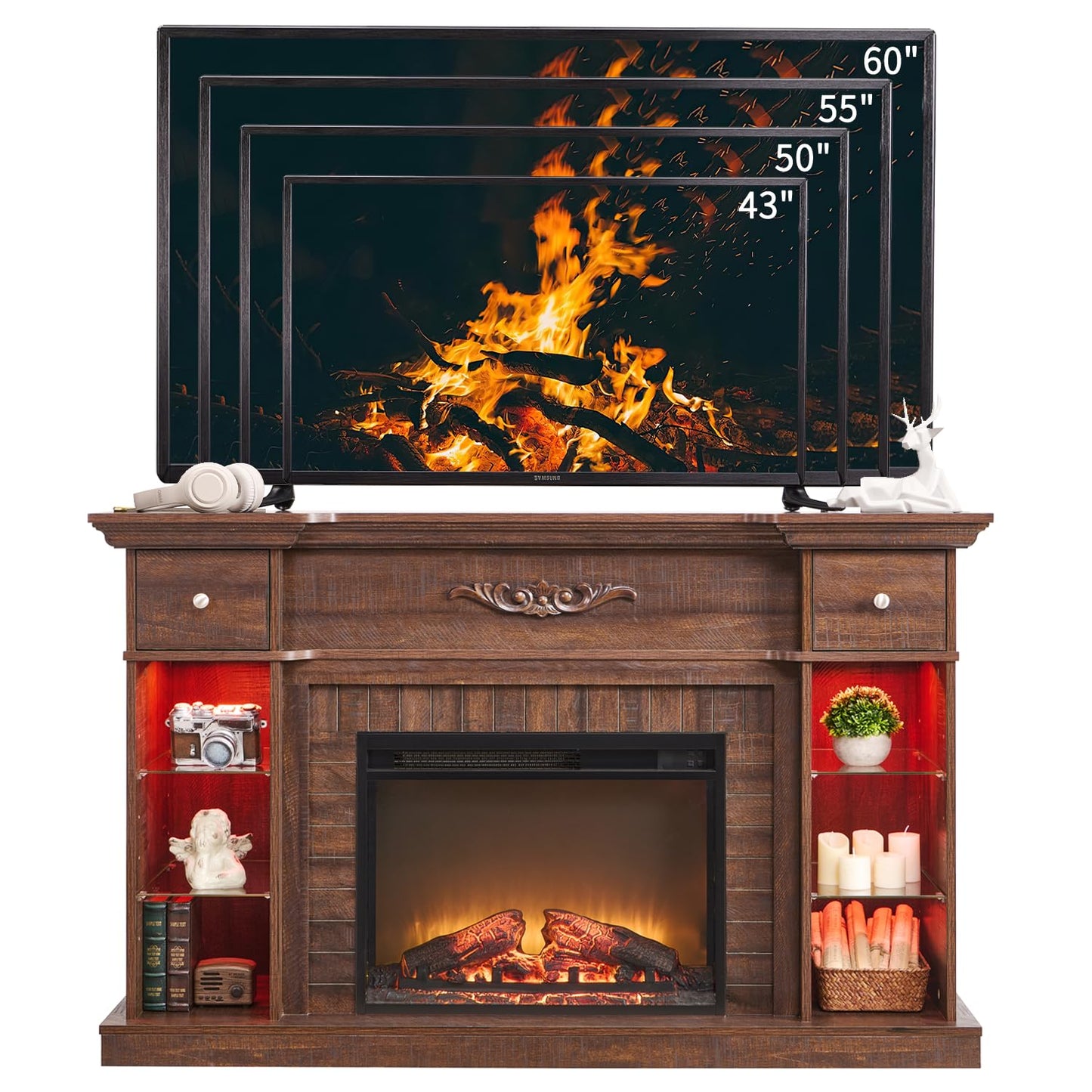 IFBUY 54" Farmhouse Electric Fireplace TV Stand for 60 Inch TV, 33" Tall LED Entertainment Center w/7 Color, Open Adjustable Shelves & Drawers, 23'' Fireplace Insert Heater for Living Room, Brown