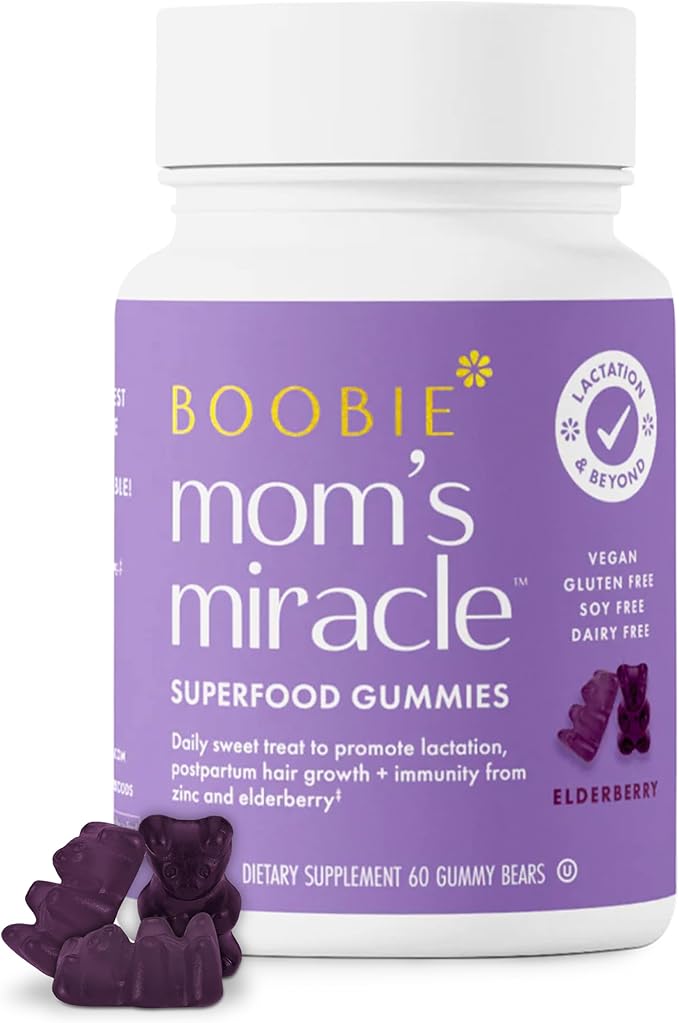 Boobie Bears Lactation Support Gummies | Helps As Milk Supply Booster & Supports Immune Health & Hair Growth | Breastfeeding Supplements with Zinc & Elderberry for Milk Supply Increase, 60 Count