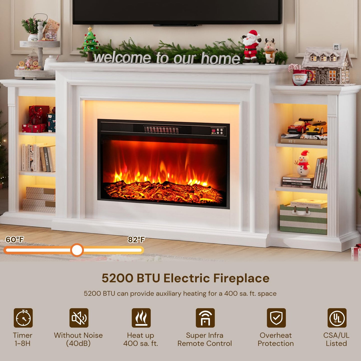 80" LED Electric Fireplace with Mantel, Fireplace TV Stand for 90 Inch TV, Modern Entertainment Center with Storage, Delicate Three-Dimensional Molding with Remote Control for Living Room
