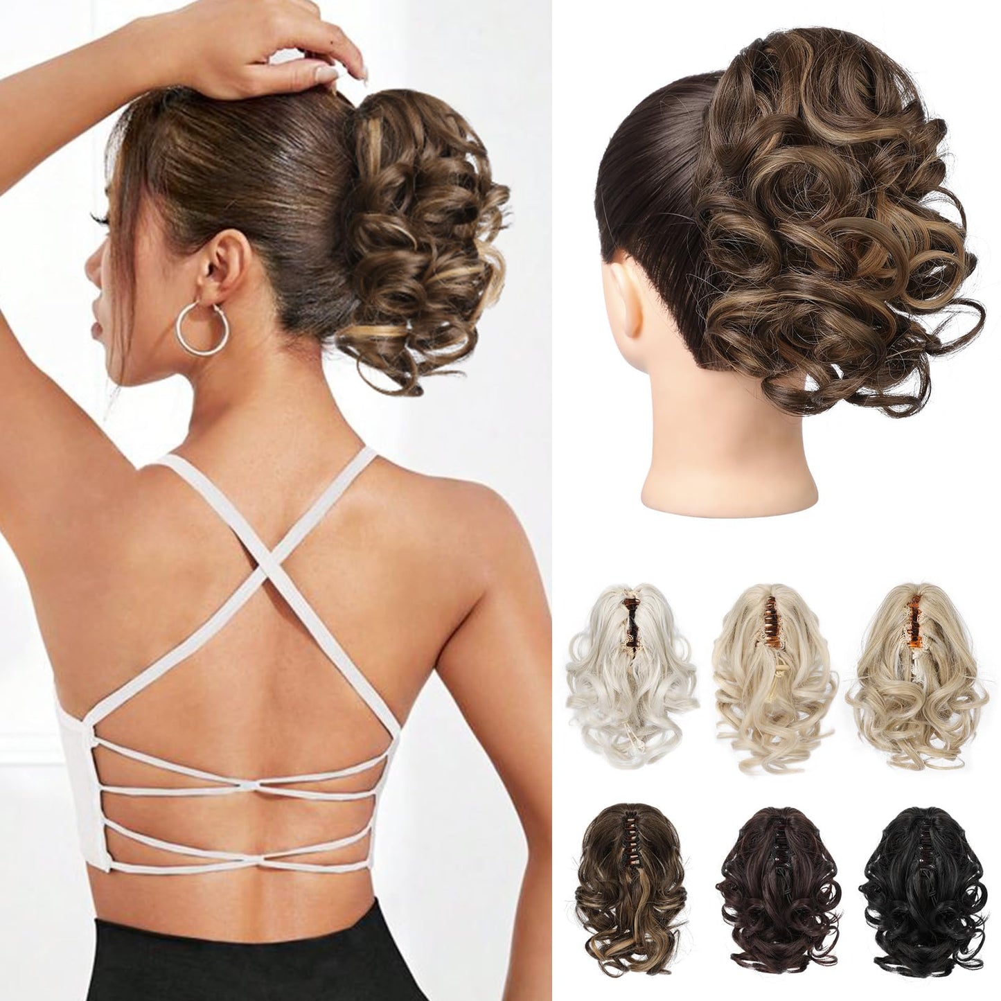 REECHO Ponytail Extension, 9" Claw Clip in Short Curly Wavy Pony Hair Extension Jaw Clip on Pony Tail HP001 Hairpiece for Women - Chestnut Brown with Golden Highlights