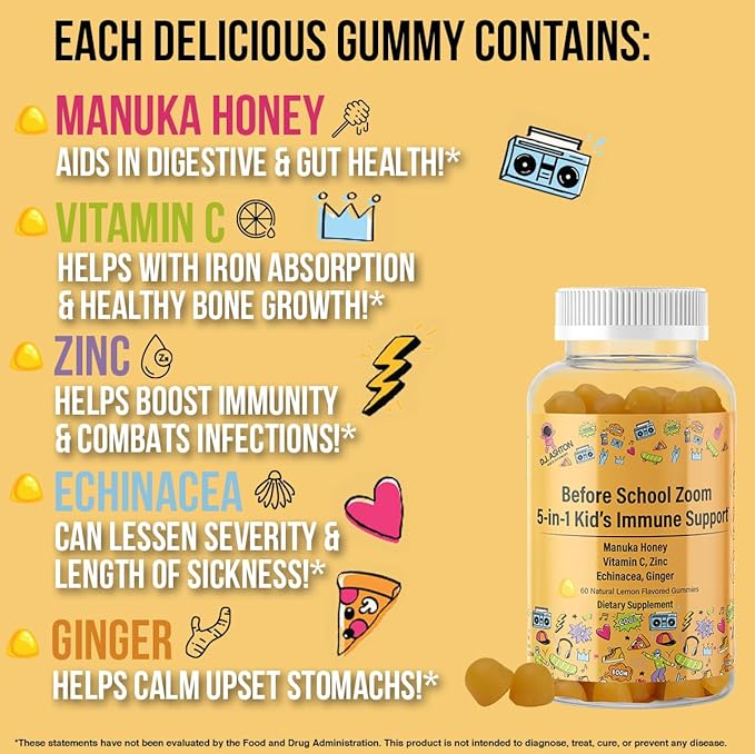 5-in-1 Kid's Immune Support Gummy, Manuka Honey, Vitamin C, Zinc, Echinacea, Ginger, Gummy Supplement, Essential Immune Support Gummies for Daily Use, Natural Citrus Flavored - 60 Count