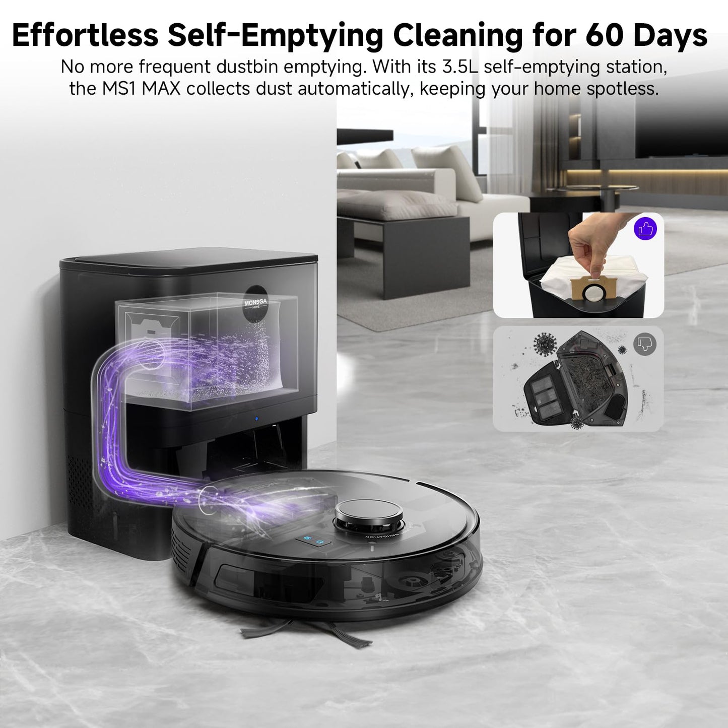 MONSGA Robot Vacuum and Mop Combo, 5000Pa Robotic Vacuum with 3.5L Self Emptying Station, Lidar Navigation Robot Vacuum Cleaner, 180mins Runtime, APP/Remote/Voice Control, for Hard Floors and Carpets