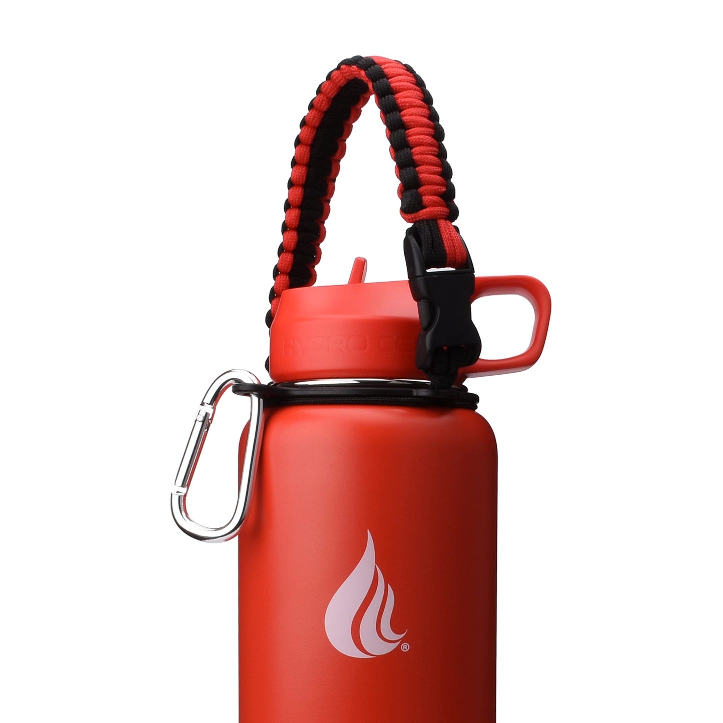 HYDRO CELL Paracord Handle for Wide Mouth Water Bottles - Carrier Strap w/Attachment Ring and Carabiner Accessory. Compatible w/ 64oz, 40oz 32oz, 24oz, 18oz, 14oz Insulated Bottles (Red/Black)