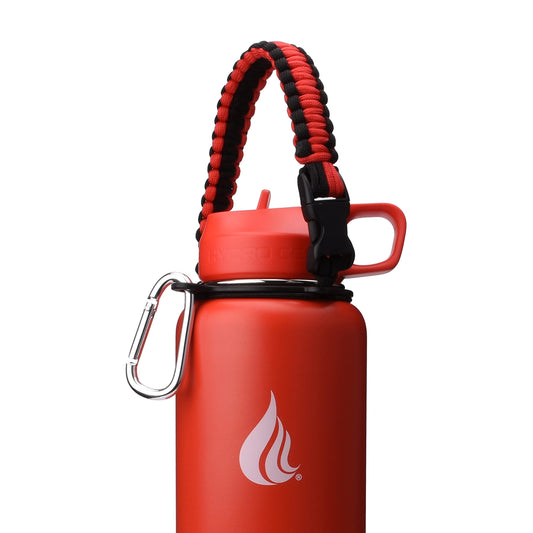 HYDRO CELL Paracord Handle for Wide Mouth Water Bottles - Carrier Strap w/Attachment Ring and Carabiner Accessory. Compatible w/ 64oz, 40oz 32oz, 24oz, 18oz, 14oz Insulated Bottles (Red/Black)