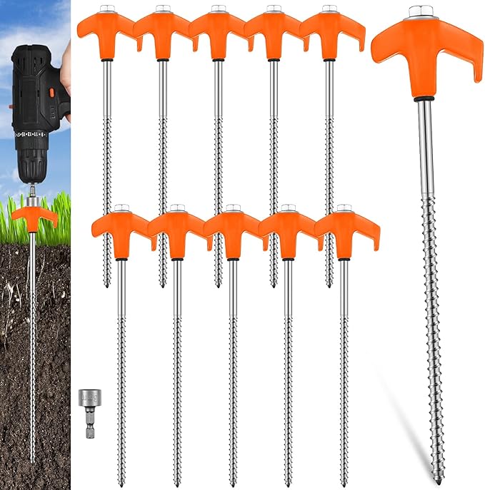 Hicarer 10 Pcs 8'' Screw in Tent Stakes Heavy Duty Ground Anchors Screw in Tent Pegs Ground Stakes Tent Spikes Metal Tent Spikes with Hex Head Driver for Camping Garden Canopies (Orange)
