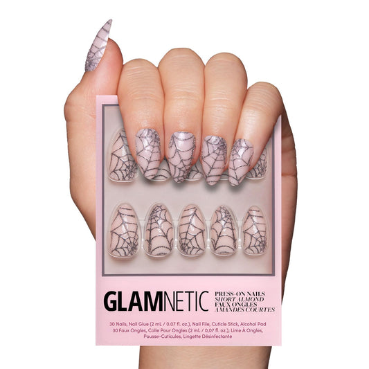 Glamnetic Press On Nails - Lady Web | Semi-Transparent Glitter Spiderweb Short Almond False Halloween Nails, Reusable Stick On Fake Nails with Glue | Salon Quality | 15 Sizes - 30 Nail Kit