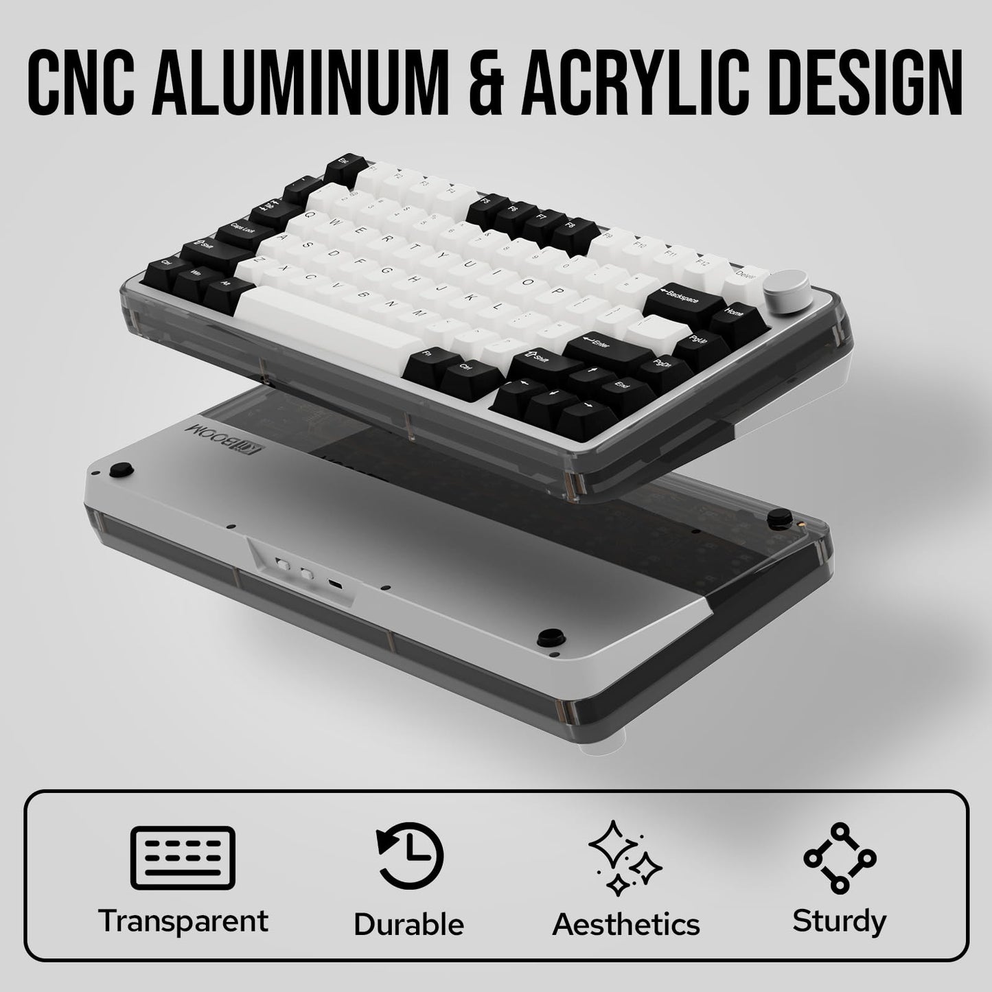 KiiBoom Breeze 75 75% CNC Aluminum and Acrylic Mechanical Gaming Keyboard, USB-C/BT5.0/2.4GHz Wireless Creamy Keyboard, with Gasket Structure, RGB, 8000mAh Battery for Win/Mac (Black)