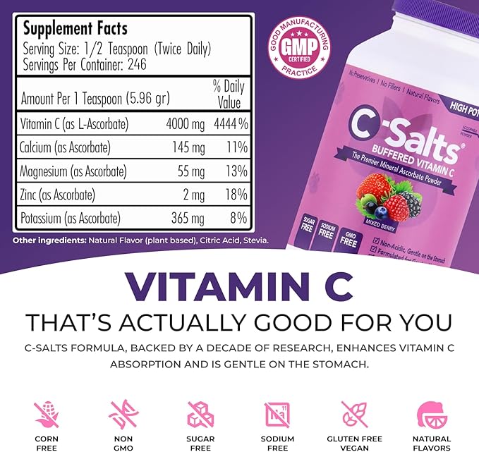 C-Salts Original Vitamin C Powder Supplement - 100% Pure High Dose Buffered Vitamin C Powder for Immune Support - Sugar-Free Powdered Drink Ascorbate, Organic, Stomach-Friendly, Mixed Berry 26oz