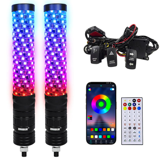 ZIMABLUE 2PC 1FT Fat Whip Lights for Side by Side, App & Remote Control RGB Chasing Light Whip with 3 Switchs for ATV UTV Dune Buggy Truck,LED Whip Light Compatible with Polaris RZR Can-Am Maverick X3