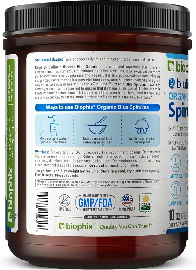 biophix Blue Spirulina Powder Organic Blulina 10 oz - Algae Organic Spirulina Powder 283 Servings - Superfood Supplement - Natural Blue Pigment - Espirulina en Polvo Organica Pura Azul
