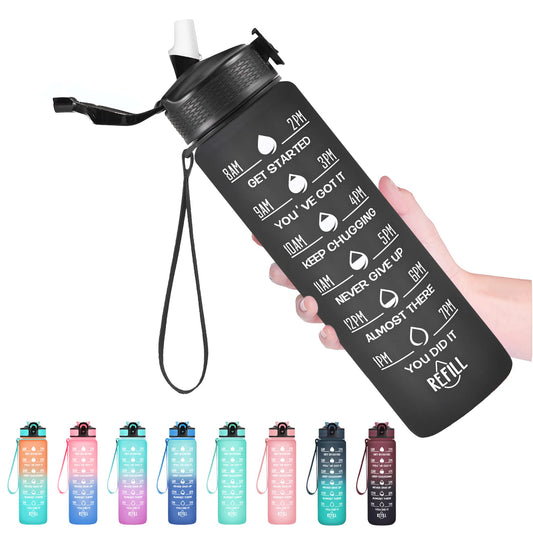Hyeta 32 oz Water Bottles with Times to Drink and Straw, Motivational Water Bottle with Time Marker, Leakproof, Drinking Sports Water Bottle for Fitness, Gym and Outdoor