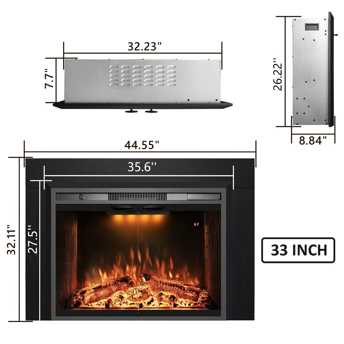 Velaychimny 44.5" W x 32" H Electric Fireplace Insert with Metal Trim Kit, Adjustable Flame, Fire Crackling Sound, Top Light Colors, Timer, Glass Door & Mesh Screen, Black