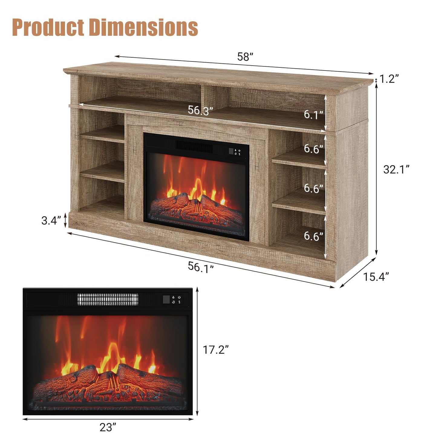 MilleLoom 58" Fireplace TV Stand, Fireplace Entertainment Center for TVs up to 65'' Console with 23-Inch Electric Fireplace & Remote Control, Wooden TV Cabinet for Living Room
