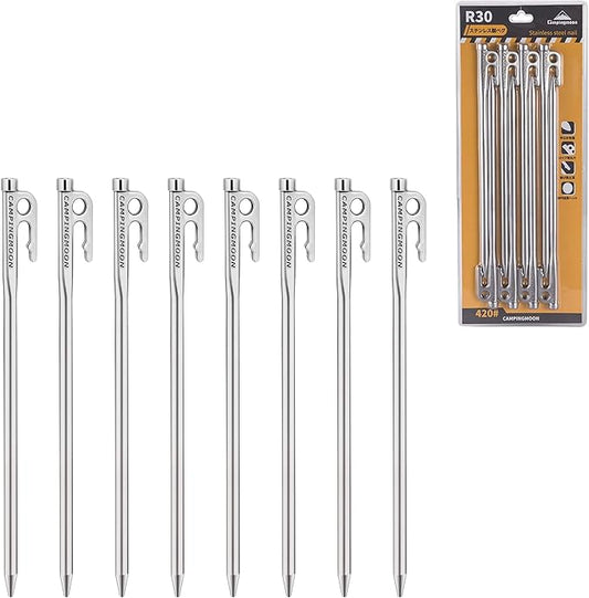 CAMPINGMOON 11.81-inch 8pcs Martensitic Stainless Steel 420J2 Hardened Forged Tent Stake Power Peg Ideal for Hard Ground R-30-8P