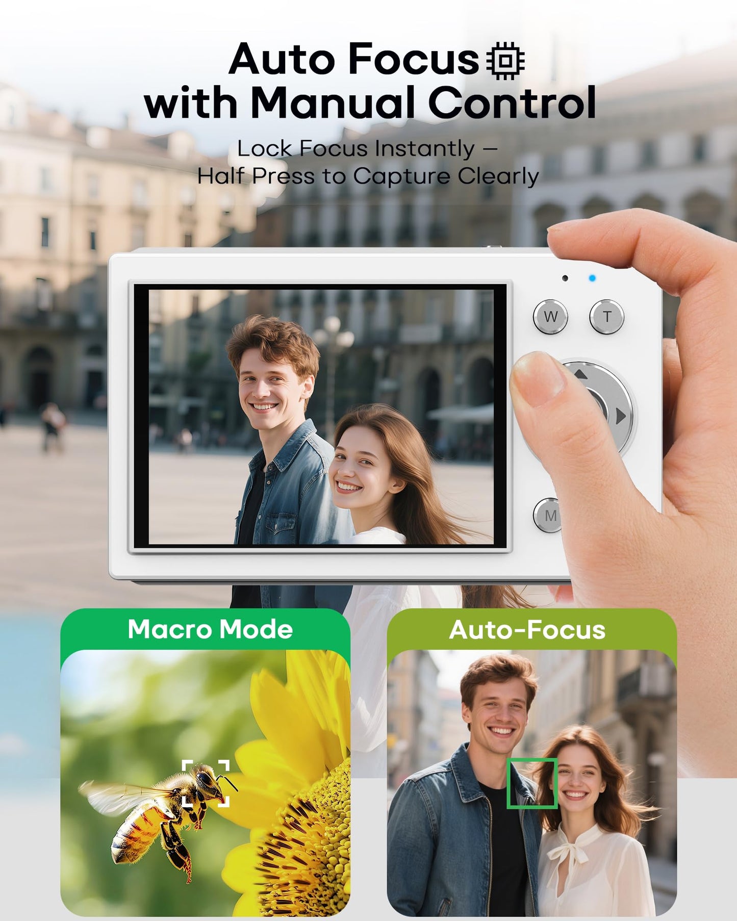 Digital Camera, 4K Vlogging Camera with Autofocus, 64MP, 16X Zoom, 64GB Card Included, Built-in Battery, Compact Digital Camera for Teens Adult Beginners, Ideal for Travel & YouTube - White