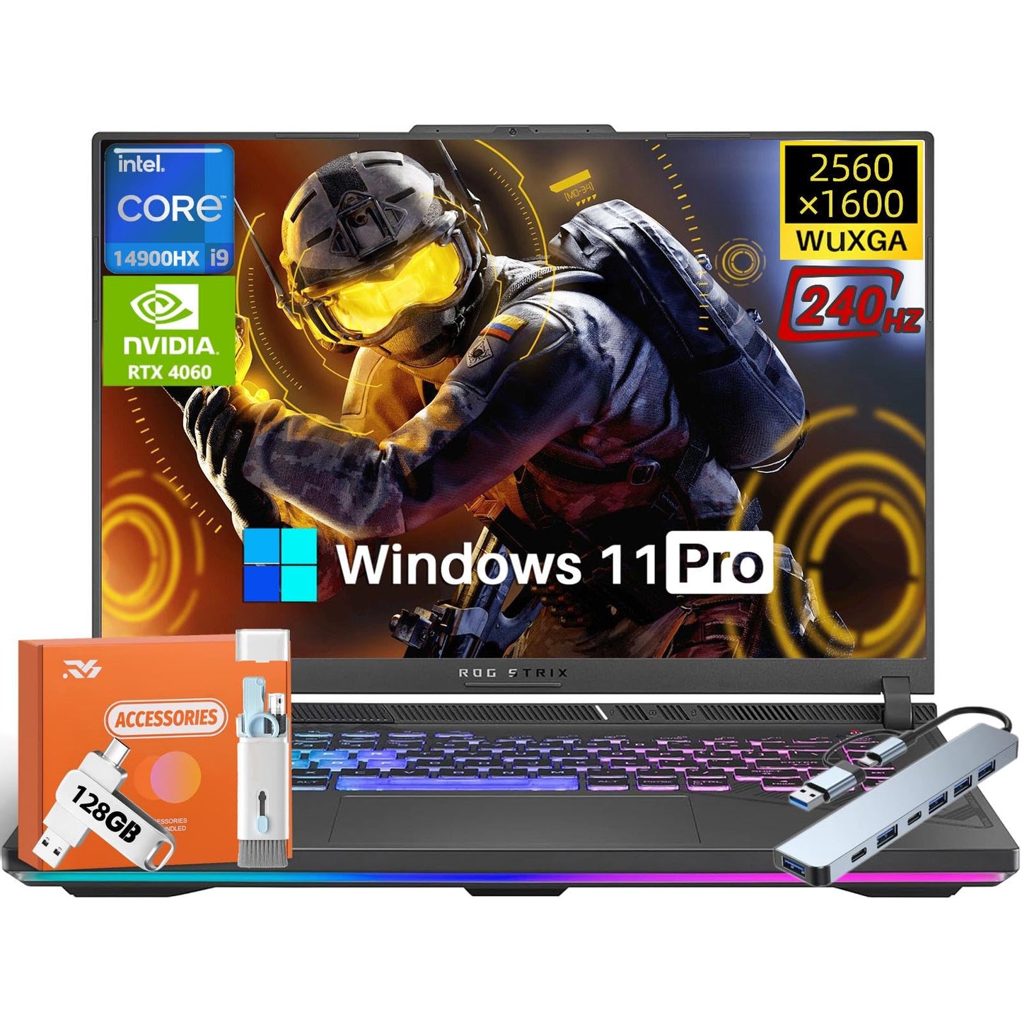 ASUS ROG Strix G16 Gaming Laptop, 16" ROG Nebula QHD+ 240Hz WQXGA (16:10), Intel 24-Core i9-14900HX, GeForce RTX 4060, 64 GB DDR5, 4 TB SSD, Backlit RGB, Wi-Fi 6E, Win11 Pro, w/Accessories