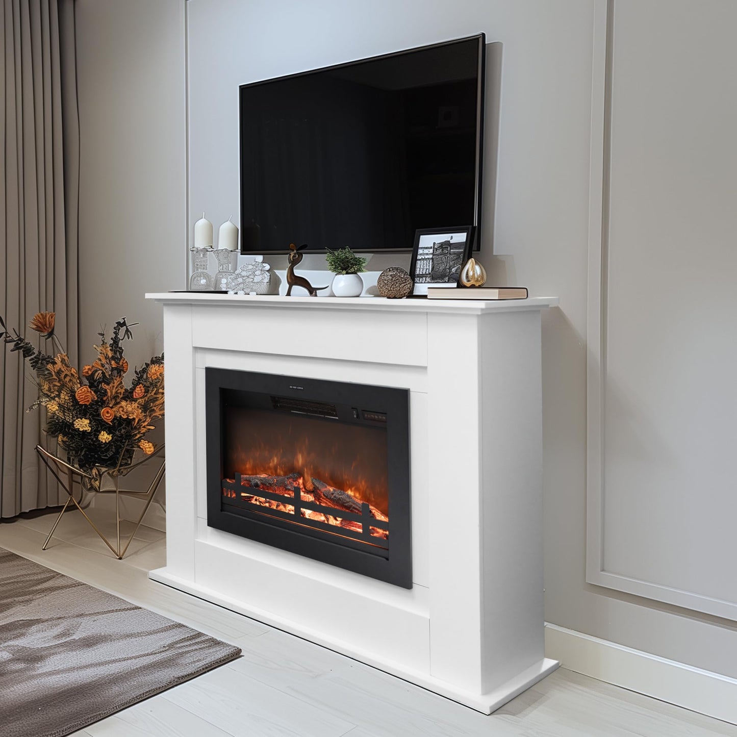 Rodalflame 41" Electric Fireplace with Mantel, Wooden Surround Firebox, Freestanding, Adjustable Flame Brightness, Ivory White, Set of 2