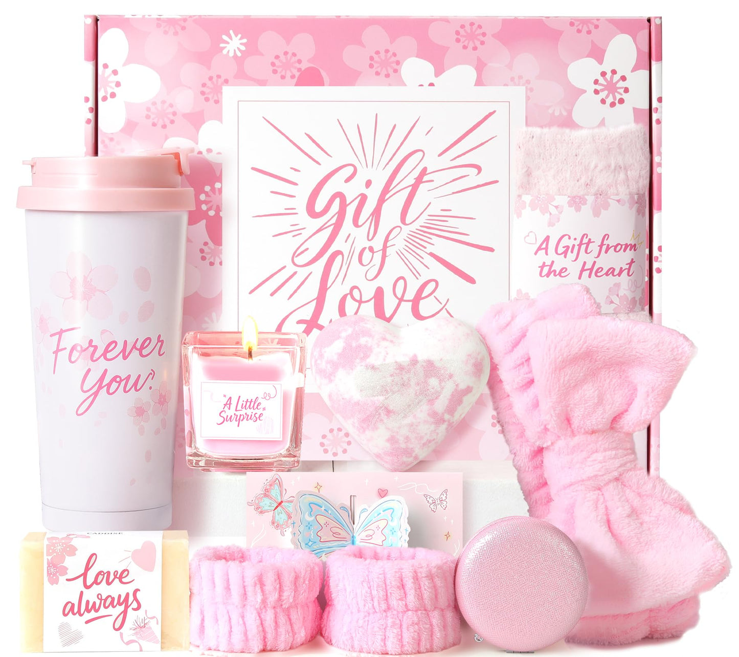 Birthday Gifts for Women - Cherry Blossom Spa Gift Box with Tumbler, Self Care Package for Mom Wife Sister Friend Grandma, Thank You Relaxation Basket for Mother’s Day Valentine’s Day Christmas (Pink)