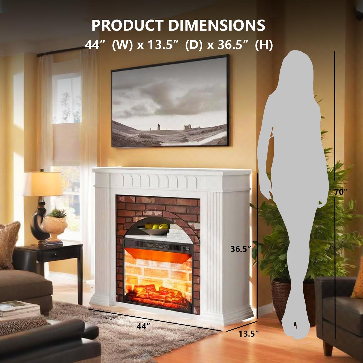 44" Electric Fireplace Mantel, TV Stand with Freestanding Electric Fireplace, Stacked Stone Surround Fireplace Heater with Remote Control, Adjustable 3D Flame Fireplace for Living Room Bedroom