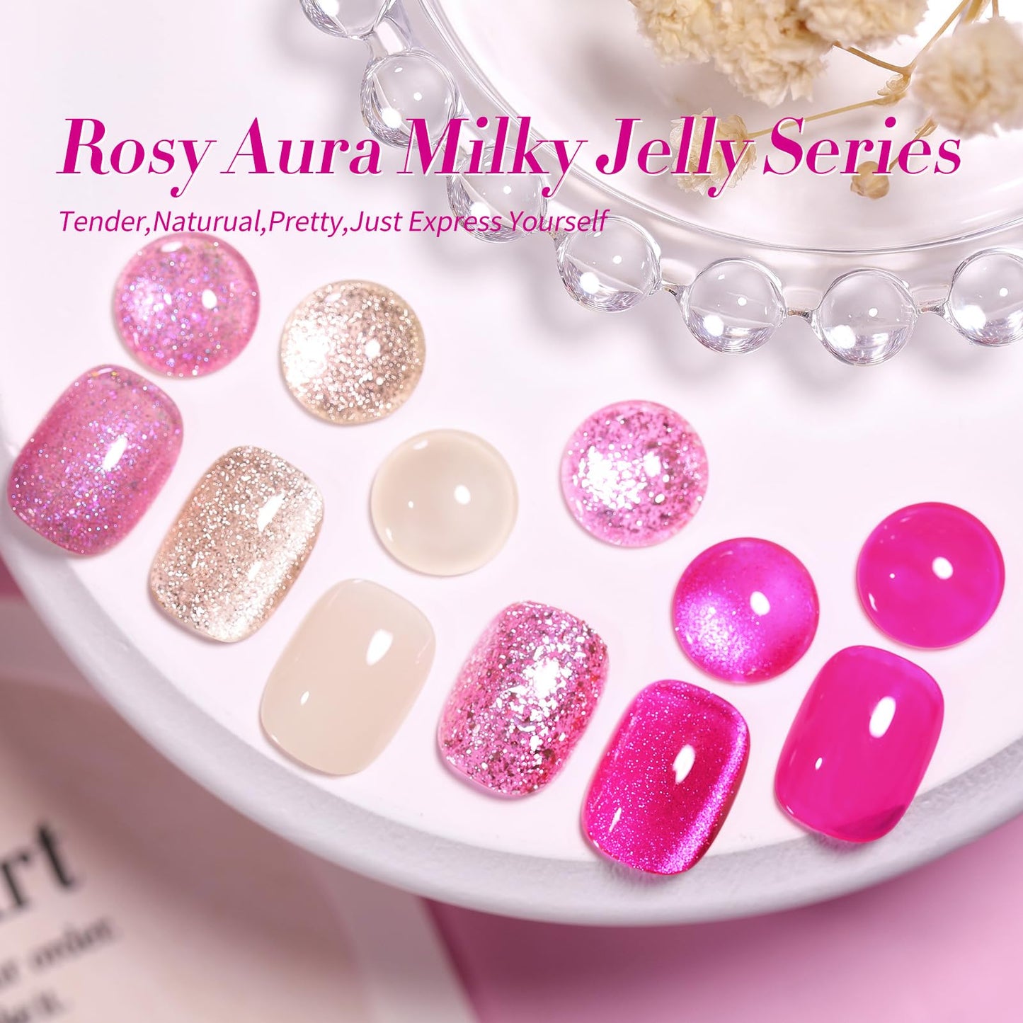 Born Pretty Jelly Gel Nail Polish, Glitter Gel Polish, Hot Pink Nude Cat Magnetic Eye Gel Nail Polish, Sheer Crystal Transparent Sparkle Gel Nail, Nail Manicure Gift DIY at Home 6PCS 7ml