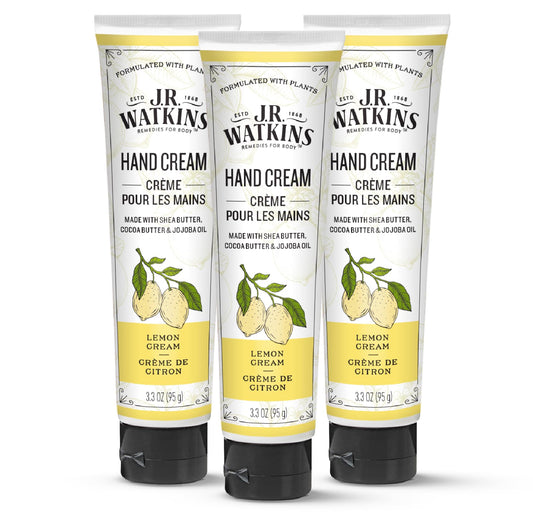 J.R. Watkins Natural Moisturizing Hand Cream, Hydrating Hand Moisturizer with Shea Butter, Cocoa Butter, and Avocado Oil, Cruelty Free, 3.3oz, Lemon Cream, 3 Pack