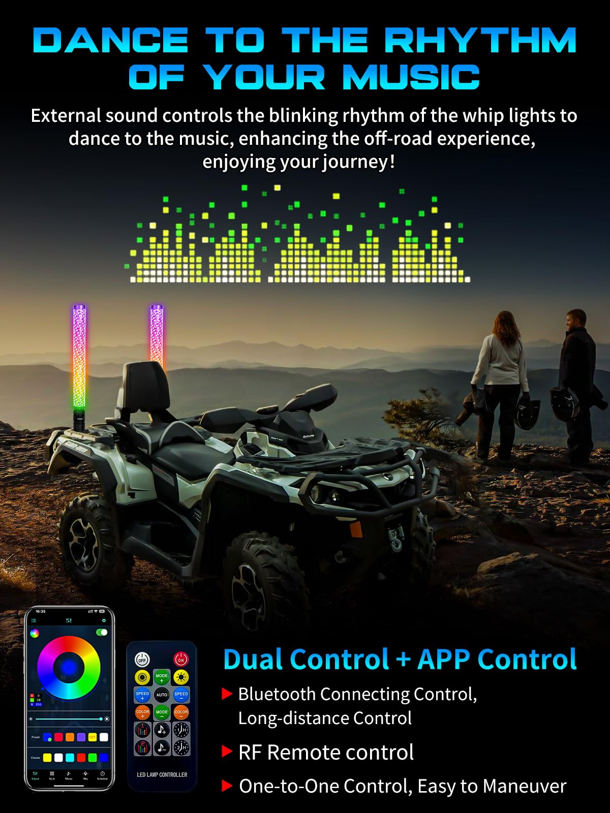 VI9000 2 Pack 2FT Fat Whip Lights, LED Whip Lights with App & Remote Control, Spiral RGB Chasing Lighted Antenna Whips with Rocker Switch, Music Whip Light for SXS UTV ATV RZRCan-Am X3 Off-Road