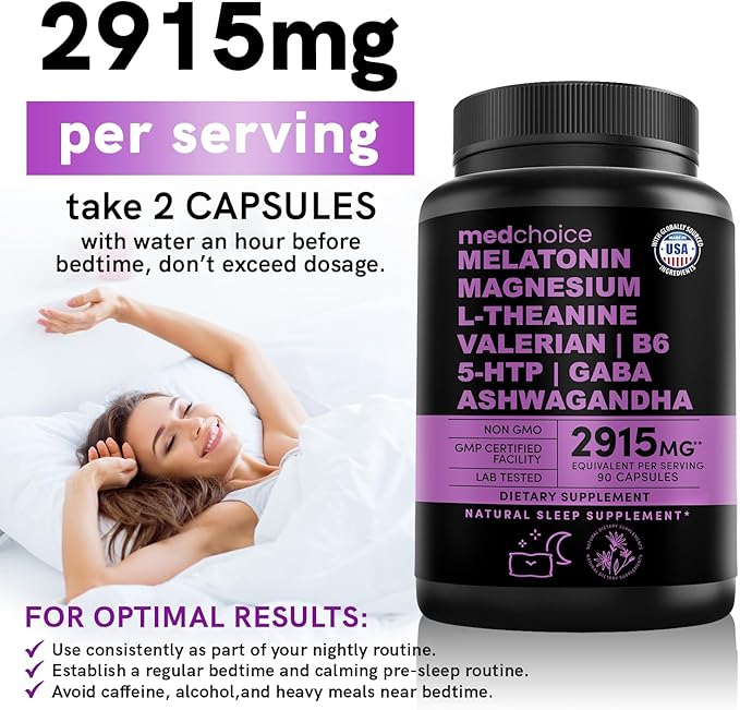 12-in-1 Melatonin Sleep Capsules - Natural Sleep Aids for Adults with Melatonin 5mg and Magnesium Glycinate 500mg, Sleep Aid with Ashwagandha, L Theanine, Valerian Root, GABA, 5-HTP (90ct, Pack of 2)